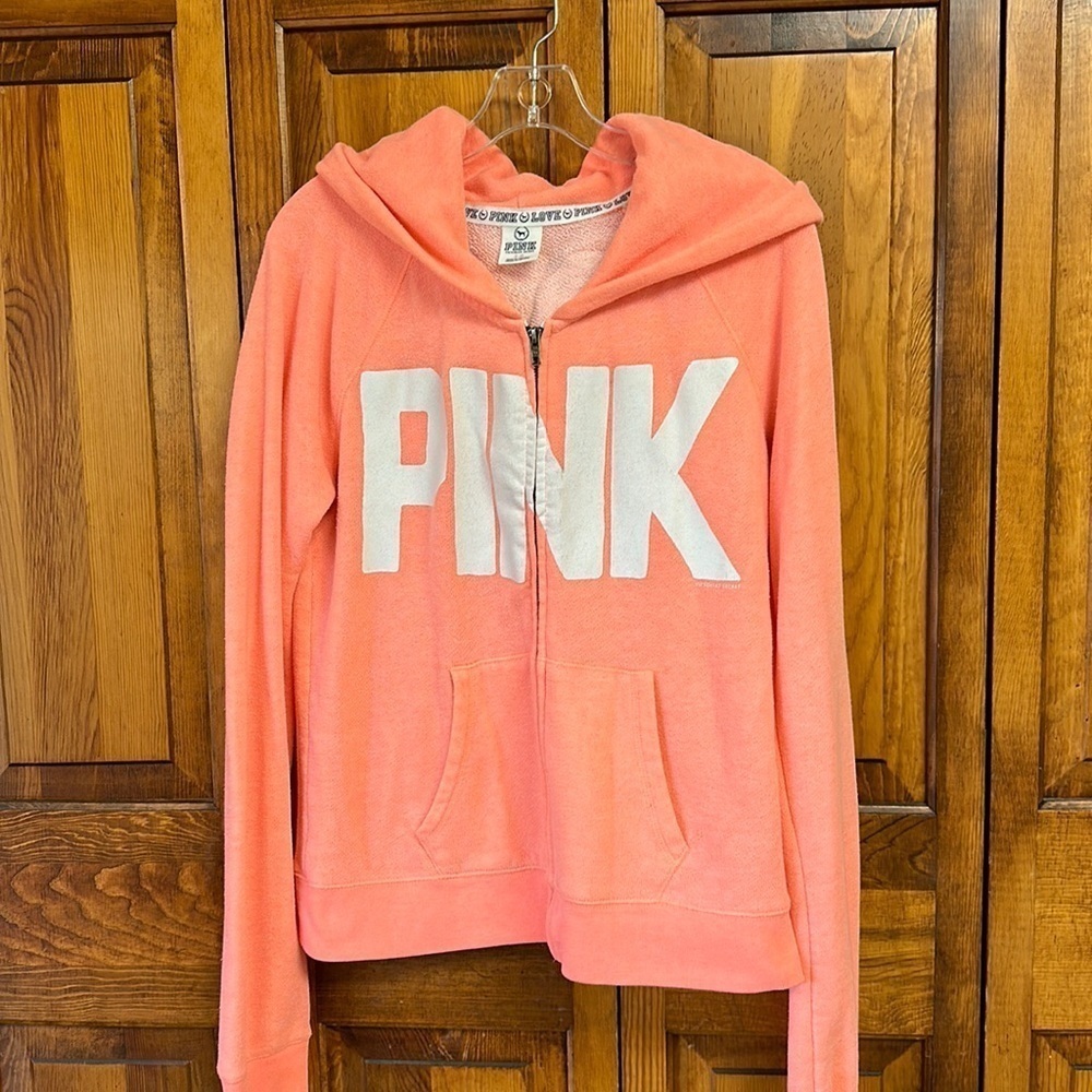 Pink Victoria’s Secret Hoodie Zippered Cotton Blend Sweatshirt Orange-White L